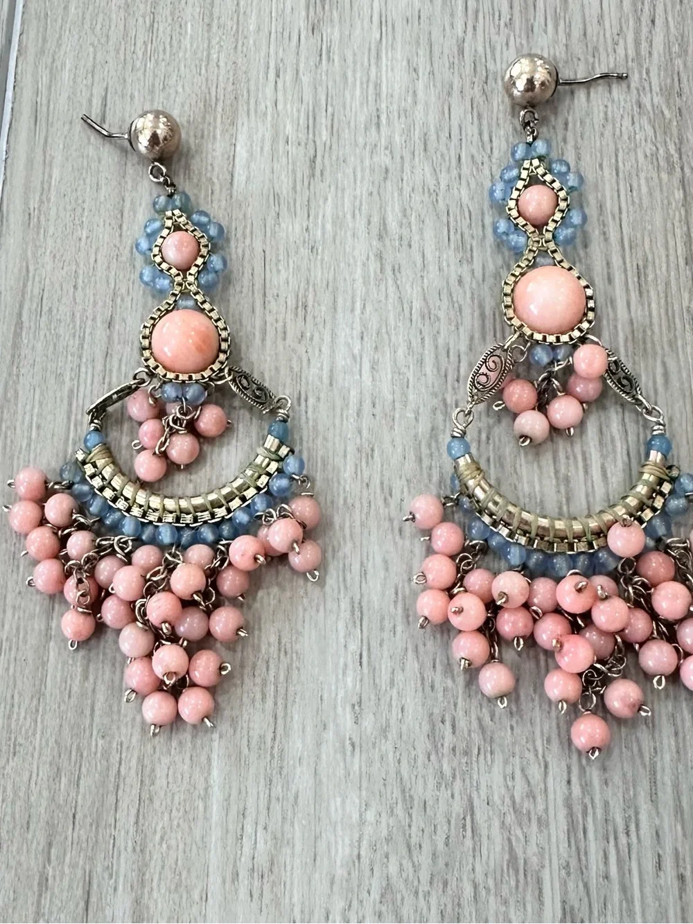 Miguel Ases Drop earrings Chandelier hanging beaded gold pink blue boho